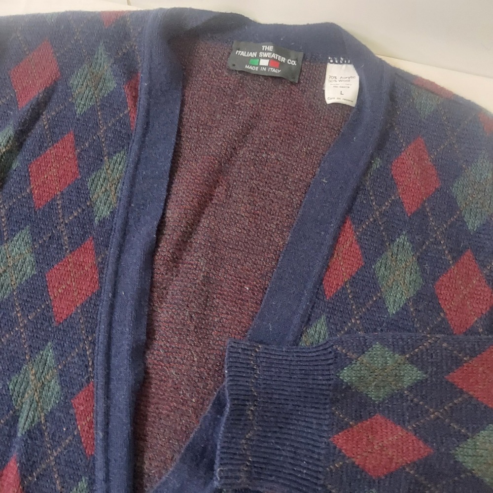 The Italian Sweater Co Mens Argyle Cardigan Blue Wool Blend Made in Italy L‎